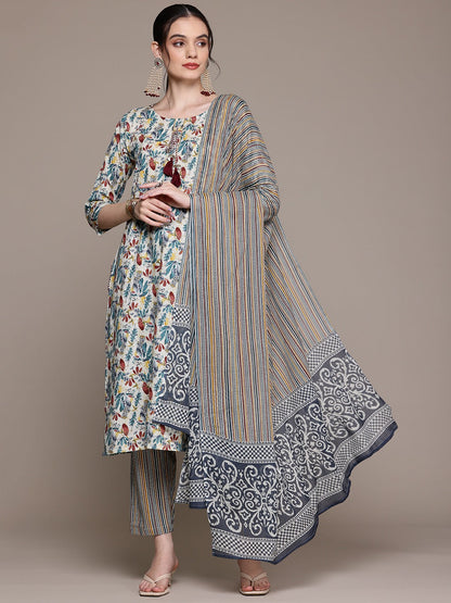 Straight Style Cotton Fabric Multi Color Kurta With Bottom And Dupatta