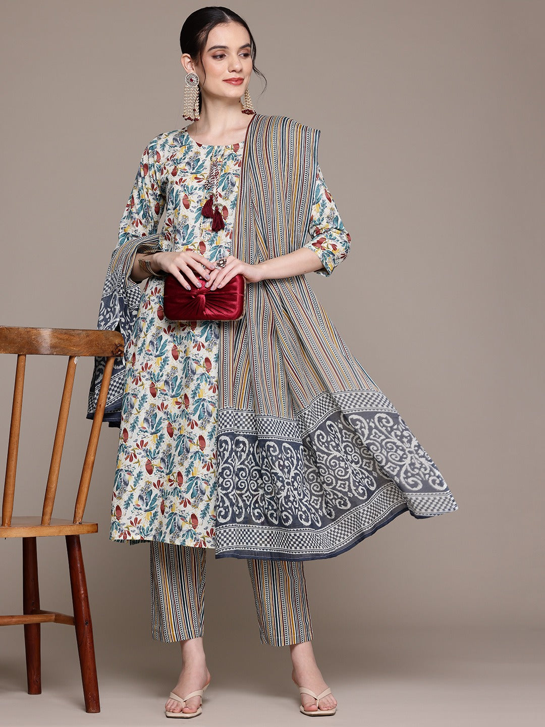 Straight Style Cotton Fabric Multi Color Kurta With Bottom And Dupatta