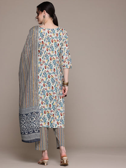 Straight Style Cotton Fabric Multi Color Kurta With Bottom And Dupatta