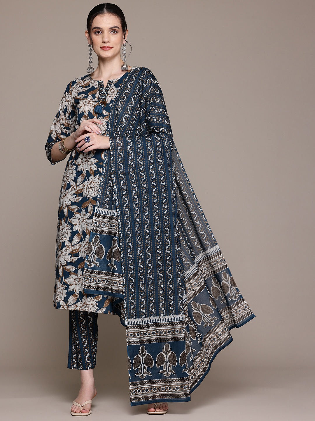 Straight Style Cotton Fabric Blue Color Kurta With Bottom And Dupatta