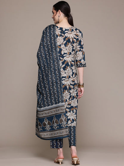 Straight Style Cotton Fabric Blue Color Kurta With Bottom And Dupatta