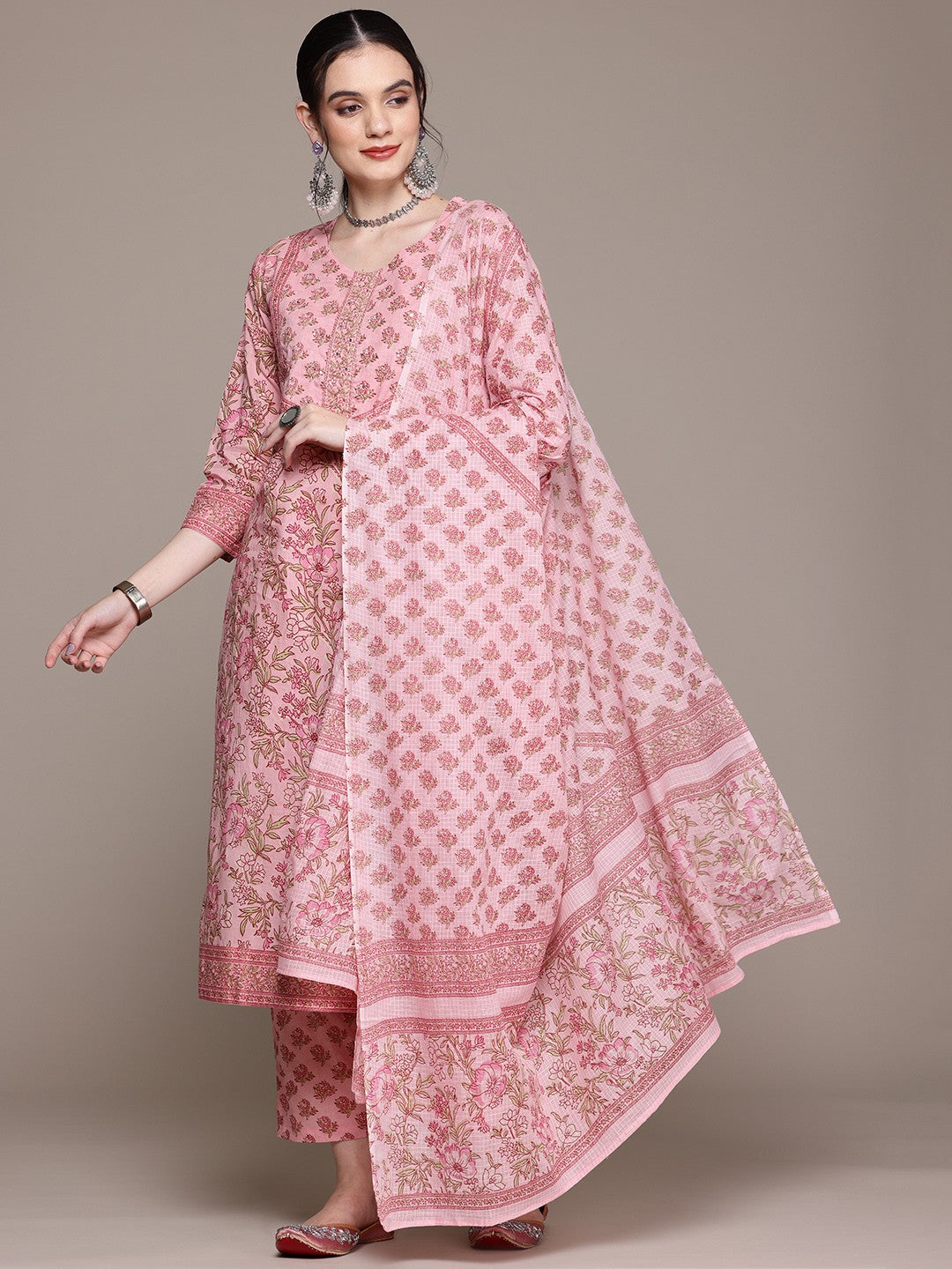 Straight Style Cotton Fabric Pink Color Kurta With Bottom And Dupatta