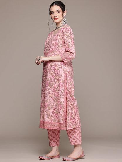 Straight Style Cotton Fabric Pink Color Kurta With Bottom And Dupatta