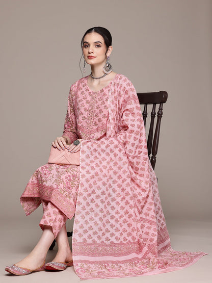 Straight Style Cotton Fabric Pink Color Kurta With Bottom And Dupatta