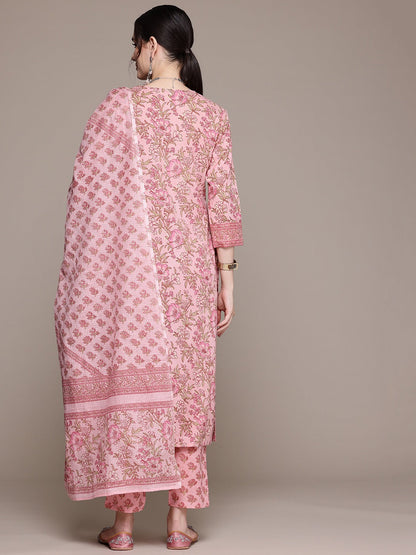 Straight Style Cotton Fabric Pink Color Kurta With Bottom And Dupatta