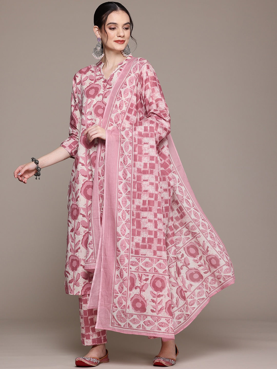 Straight Style Cotton Fabric Mauve Color Kurta With Bottom And Dupatta