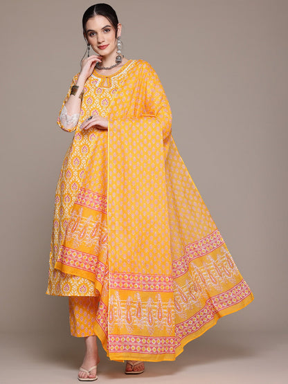 Straight Style Cotton Fabric Yellow Color Kurta With Bottom And Dupatta