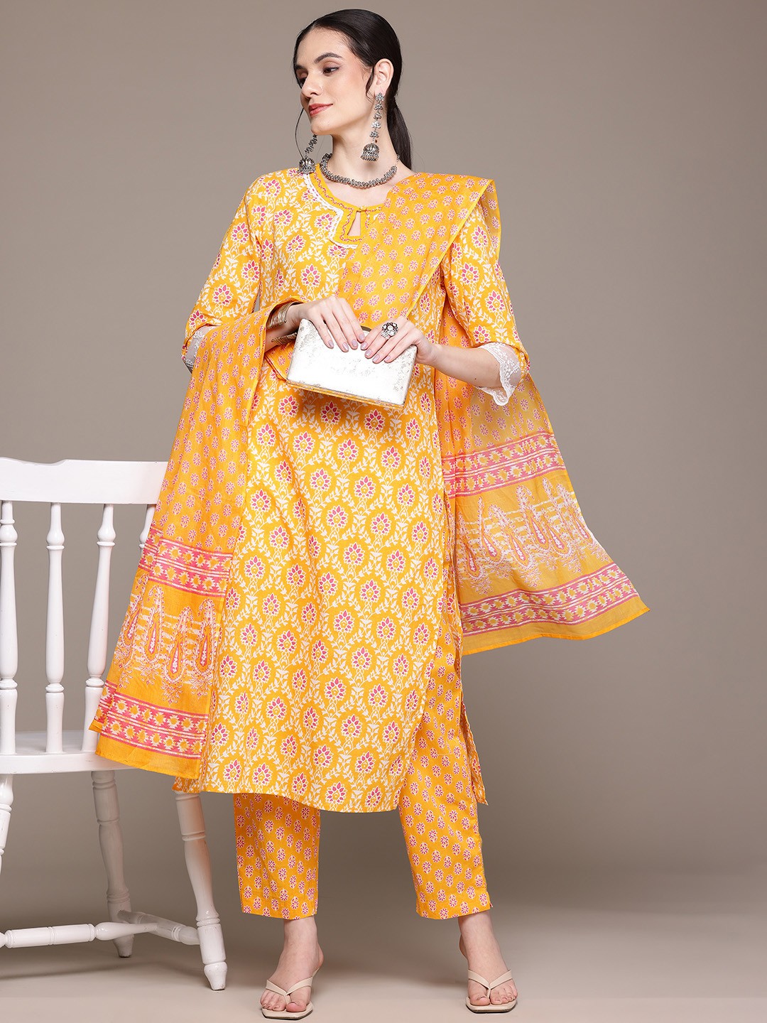 Straight Style Cotton Fabric Yellow Color Kurta With Bottom And Dupatta