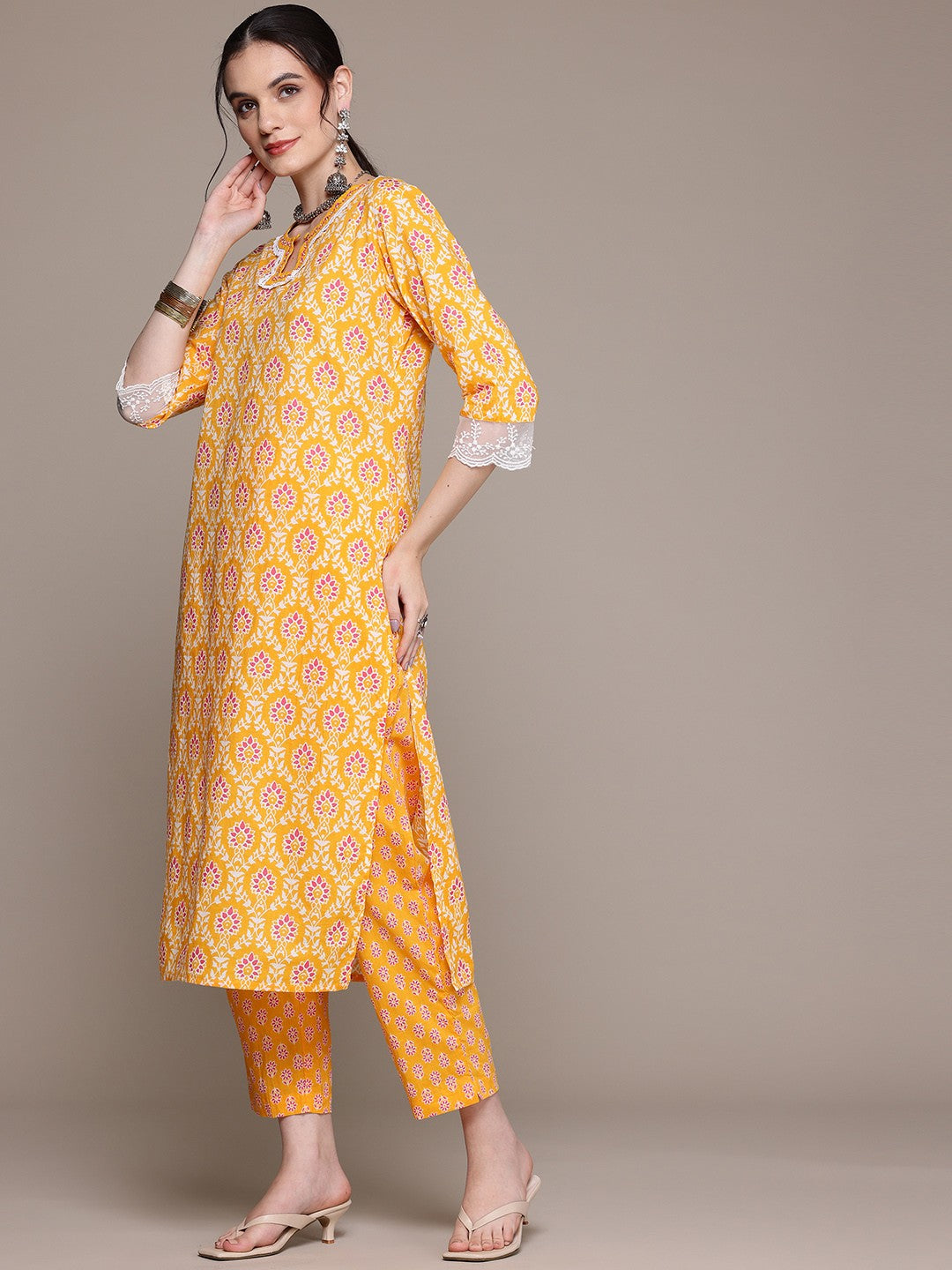 Straight Style Cotton Fabric Yellow Color Kurta With Bottom And Dupatta