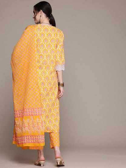 Straight Style Cotton Fabric Yellow Color Kurta With Bottom And Dupatta