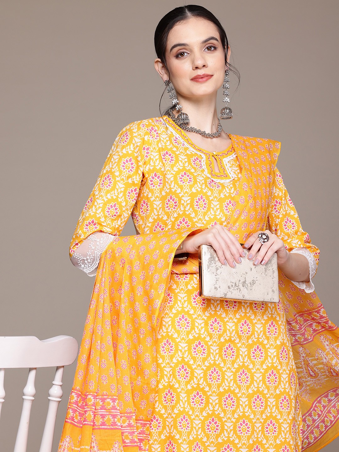 Straight Style Cotton Fabric Yellow Color Kurta With Bottom And Dupatta