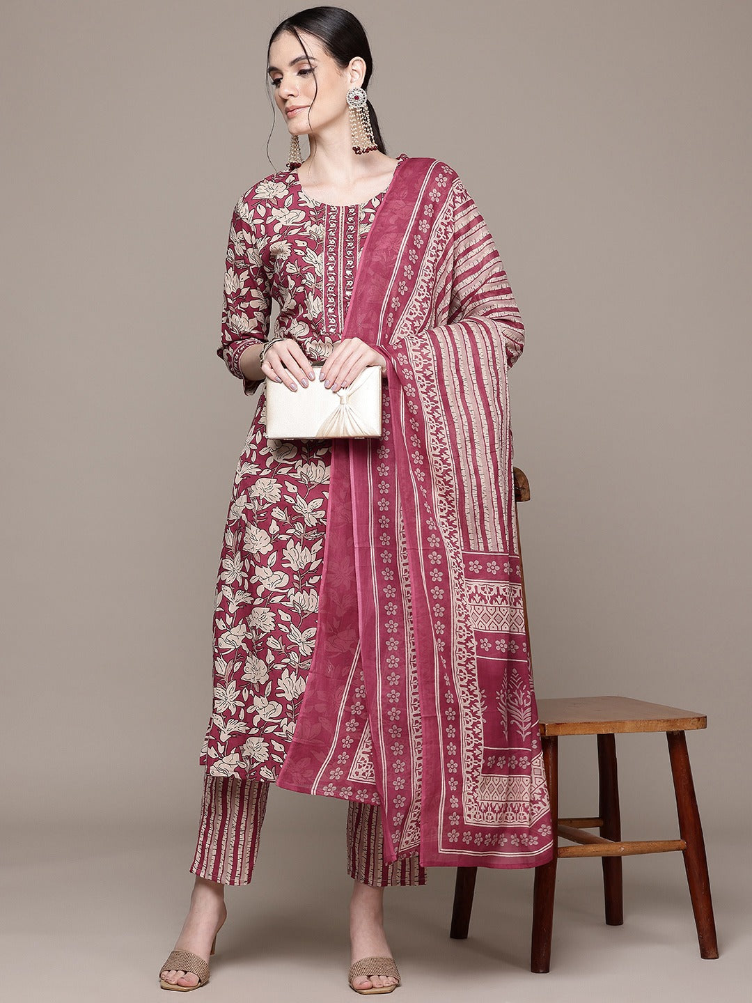 Straight Style Cotton Fabric Burgundy Color Kurta With Bottom And Dupatta