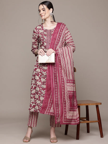 Straight Style Cotton Fabric Burgundy Color Kurta With Bottom And Dupatta