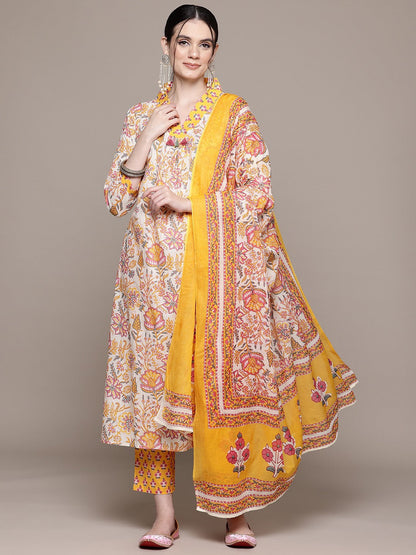 Straight Style Cotton Fabric Yellow Color Kurta With Bottom And Dupatta