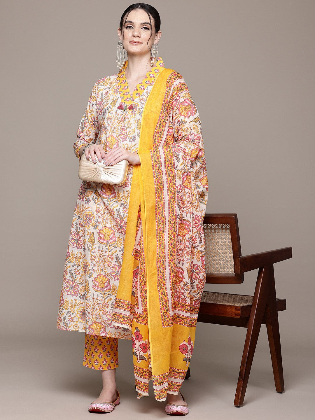 Straight Style Cotton Fabric Yellow Color Kurta With Bottom And Dupatta