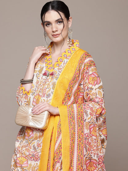 Straight Style Cotton Fabric Yellow Color Kurta With Bottom And Dupatta