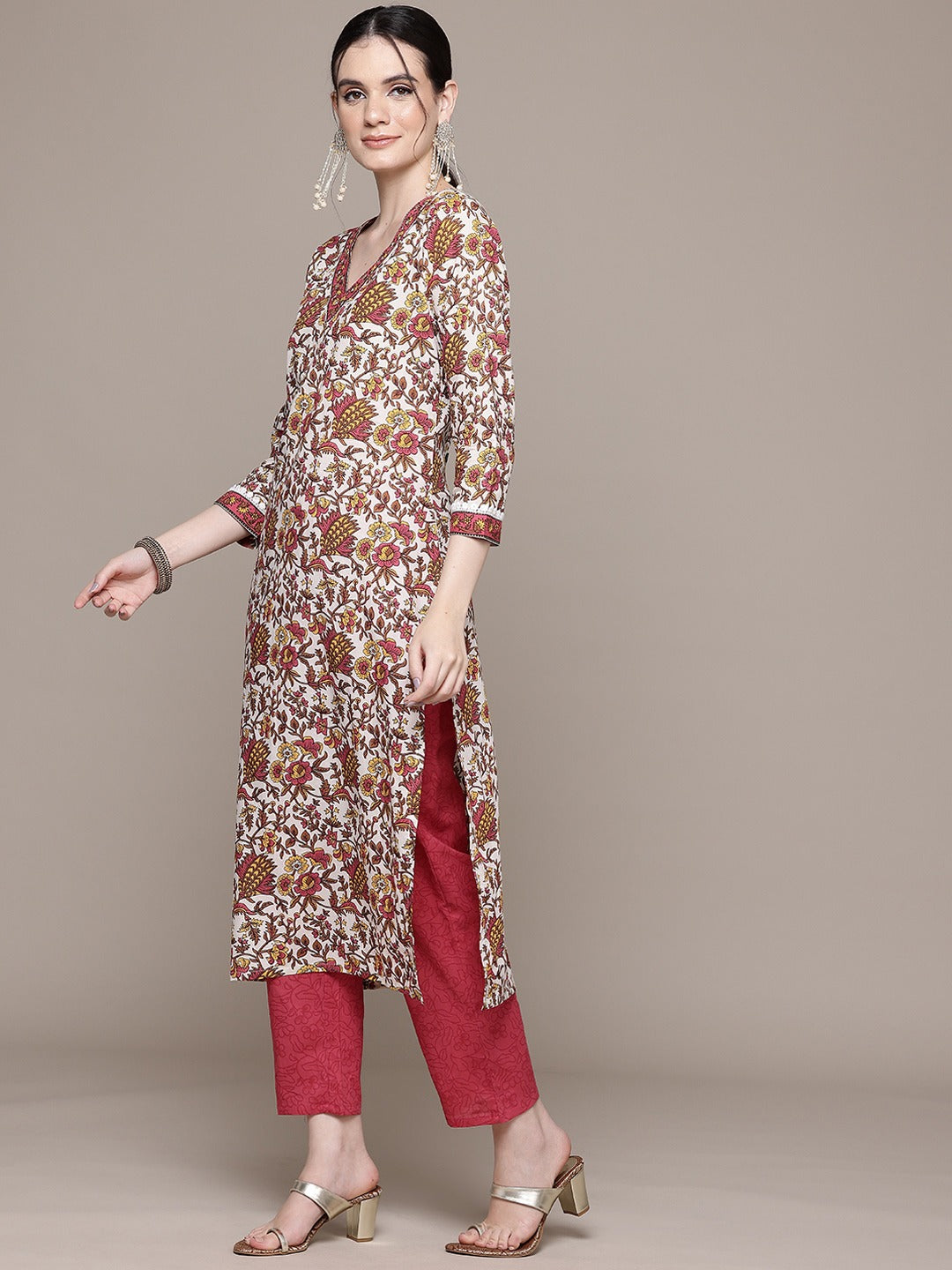 Straight Style Cotton Fabric Red Color Kurta With Bottom And Dupatta