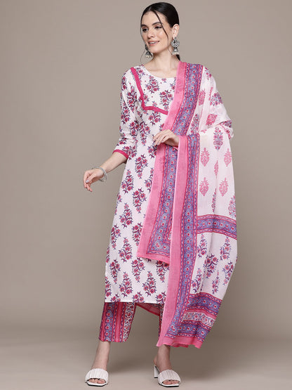 Straight Style Cotton Fabric Pink Color Kurta With Bottom And Dupatta