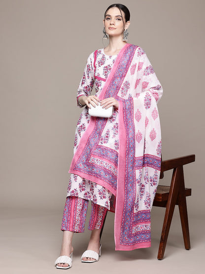 Straight Style Cotton Fabric Pink Color Kurta With Bottom And Dupatta