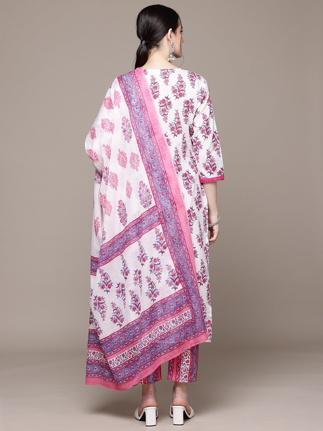 Straight Style Cotton Fabric Pink Color Kurta With Bottom And Dupatta