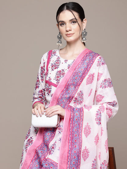 Straight Style Cotton Fabric Pink Color Kurta With Bottom And Dupatta