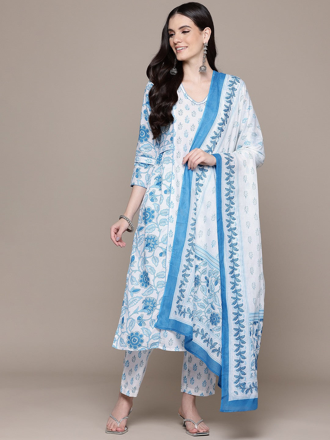 A Line Style Cotton Fabric Blue Color Kurta With Bottom And Dupatta