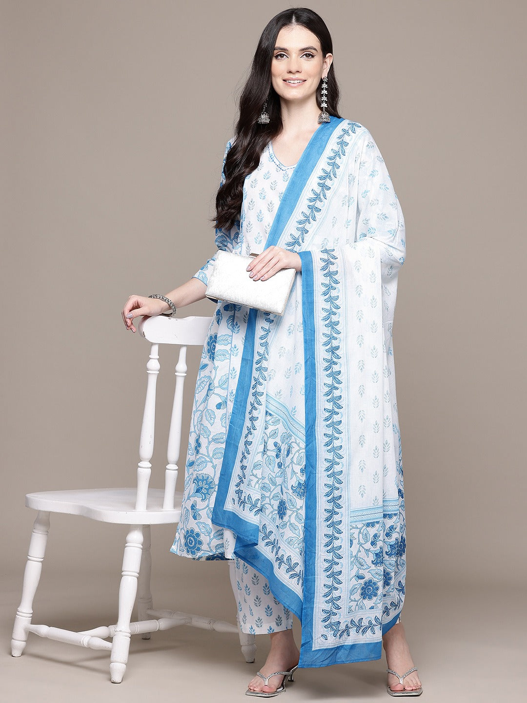 A Line Style Cotton Fabric Blue Color Kurta With Bottom And Dupatta