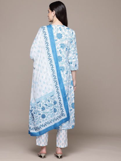 A Line Style Cotton Fabric Blue Color Kurta With Bottom And Dupatta