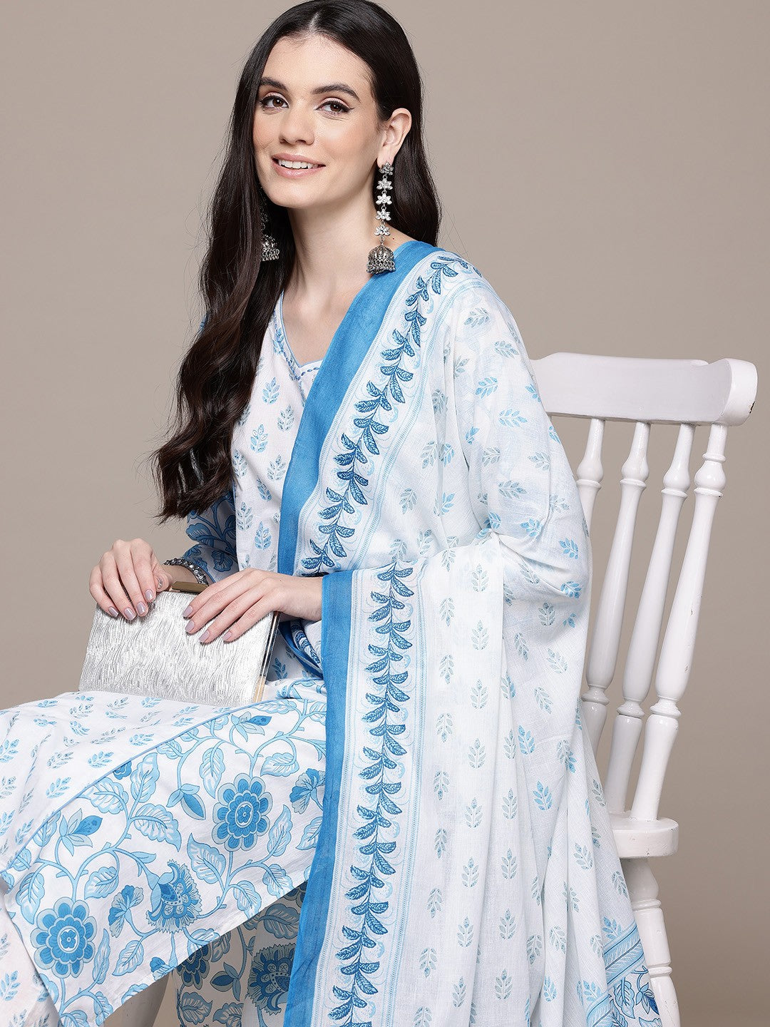 A Line Style Cotton Fabric Blue Color Kurta With Bottom And Dupatta