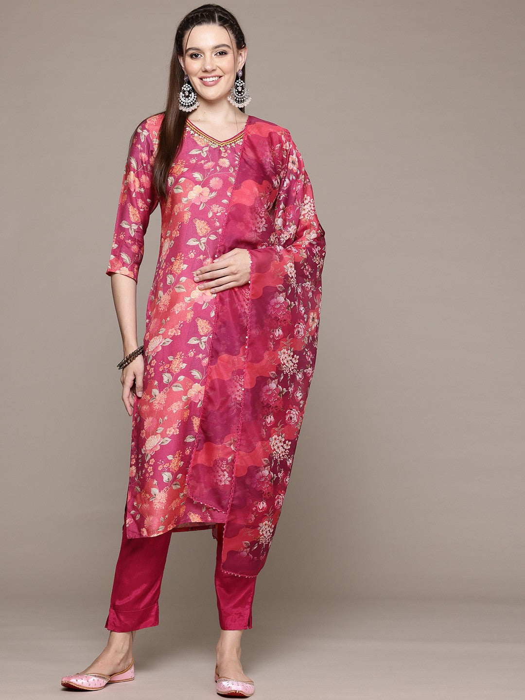 Straight Style Silk Fabric Pink Color Kurta With Bottom And Dupatta