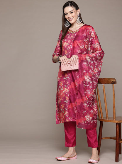 Straight Style Silk Fabric Pink Color Kurta With Bottom And Dupatta