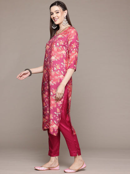 Straight Style Silk Fabric Pink Color Kurta With Bottom And Dupatta