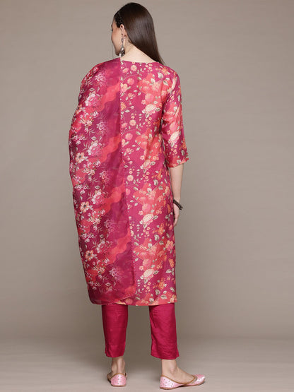 Straight Style Silk Fabric Pink Color Kurta With Bottom And Dupatta