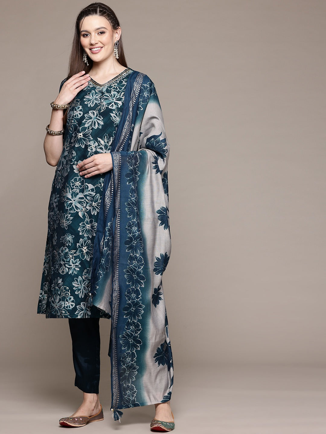 Straight Style Silk Fabric Teal Color Kurta With Bottom And Dupatta