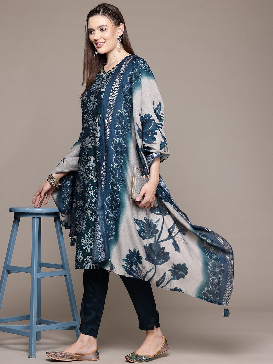 Straight Style Silk Fabric Teal Color Kurta With Bottom And Dupatta