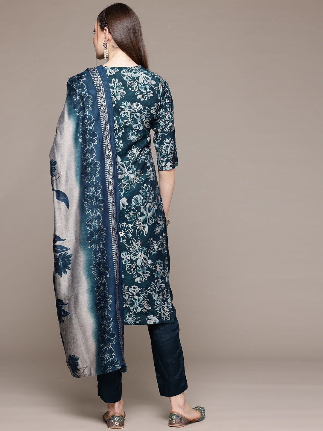 Straight Style Silk Fabric Teal Color Kurta With Bottom And Dupatta