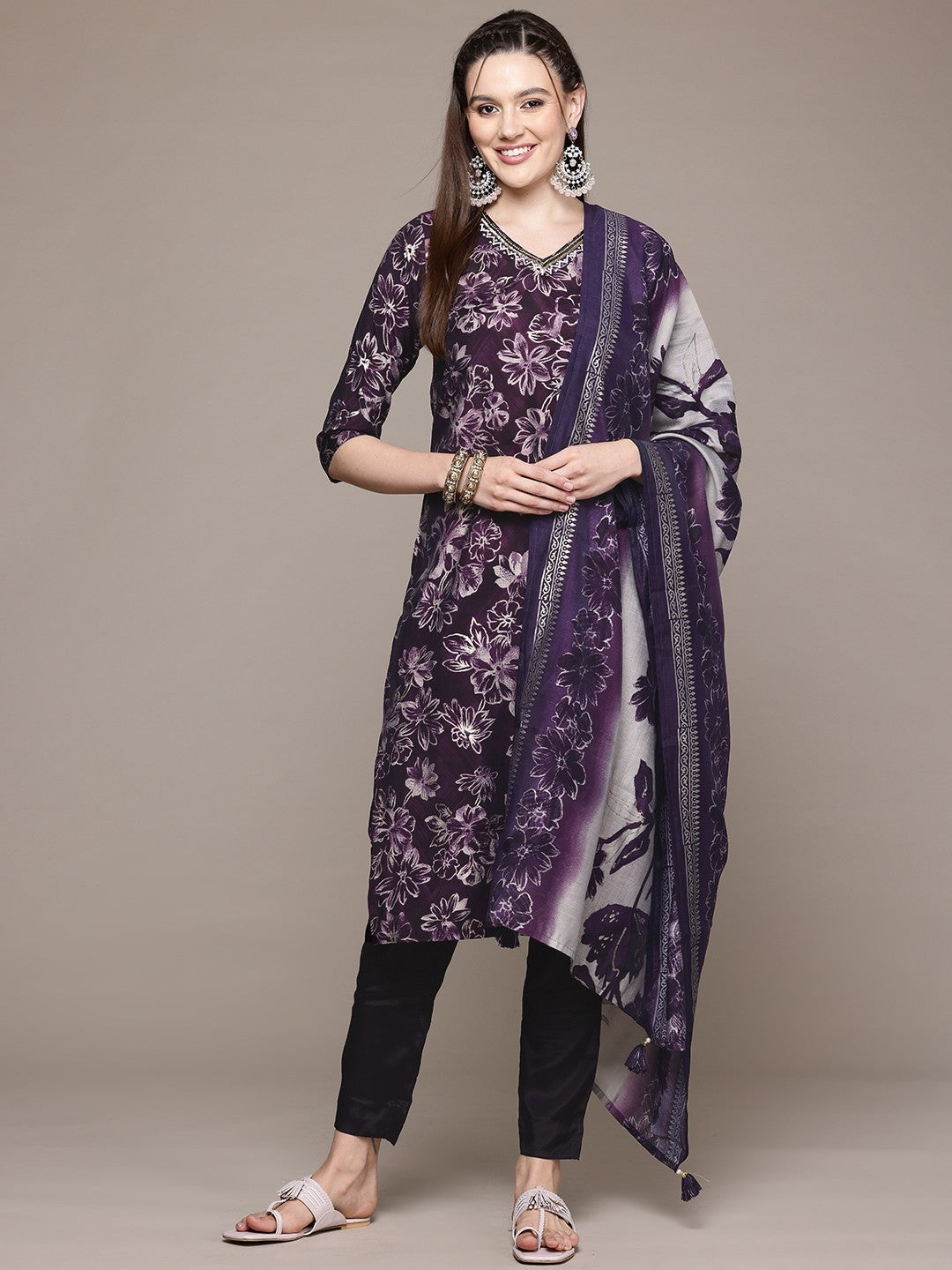 Straight Style Silk Fabric Violet Color Kurta With Bottom And Dupatta