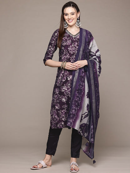 Straight Style Silk Fabric Violet Color Kurta With Bottom And Dupatta