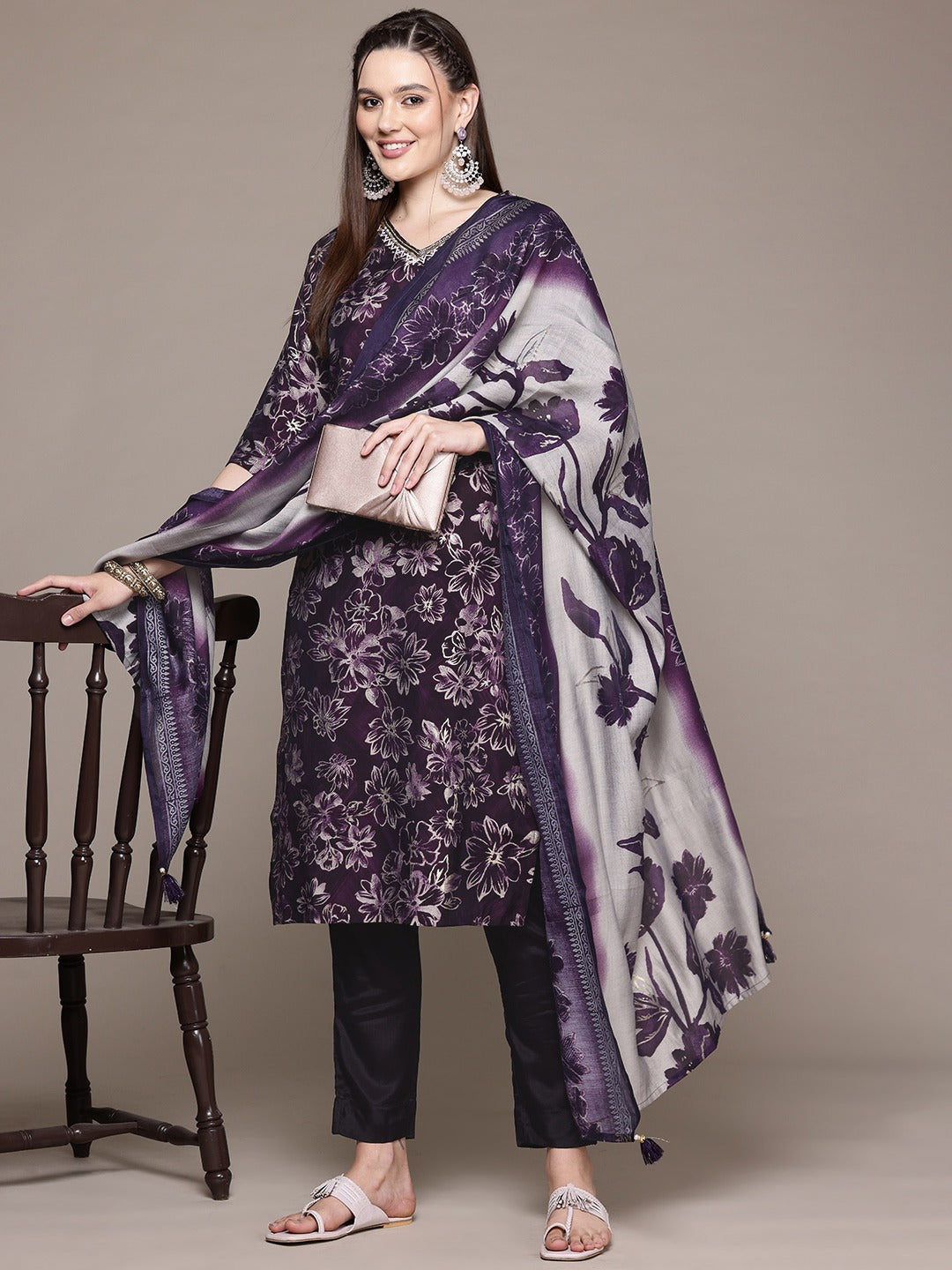 Straight Style Silk Fabric Violet Color Kurta With Bottom And Dupatta