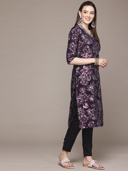 Straight Style Silk Fabric Violet Color Kurta With Bottom And Dupatta