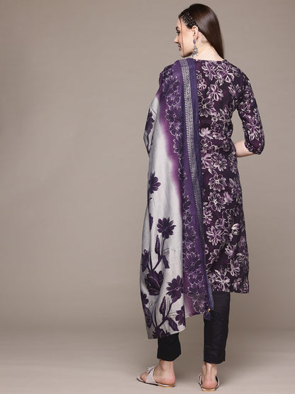 Straight Style Silk Fabric Violet Color Kurta With Bottom And Dupatta