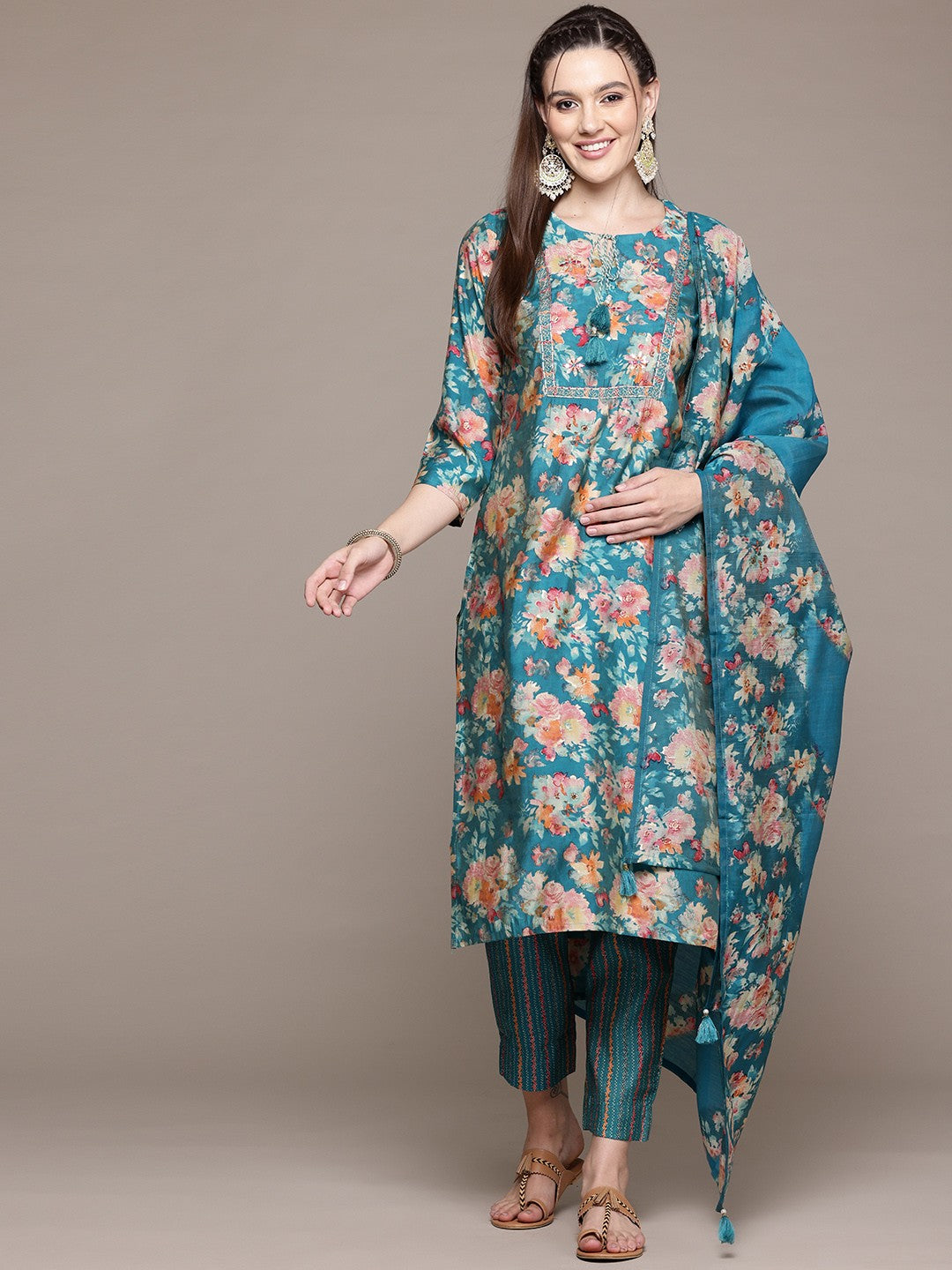 Straight Style Silk Fabric Turquoise Blue Color Kurta With Bottom And Dupatta