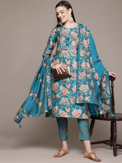 Straight Style Silk Fabric Turquoise Blue Color Kurta With Bottom And Dupatta