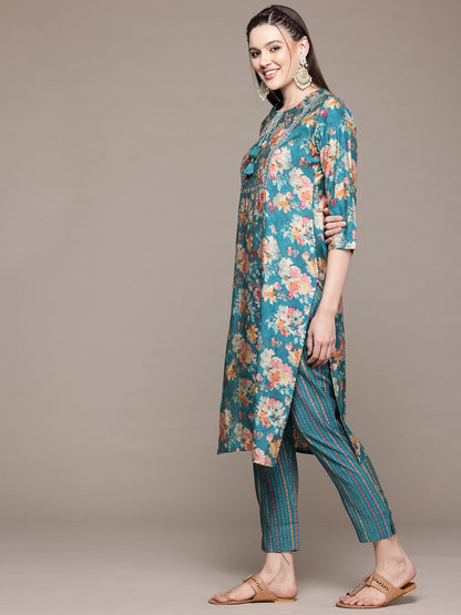 Straight Style Silk Fabric Turquoise Blue Color Kurta With Bottom And Dupatta