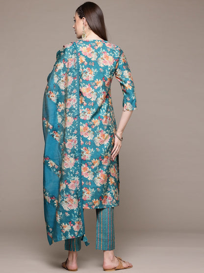 Straight Style Silk Fabric Turquoise Blue Color Kurta With Bottom And Dupatta