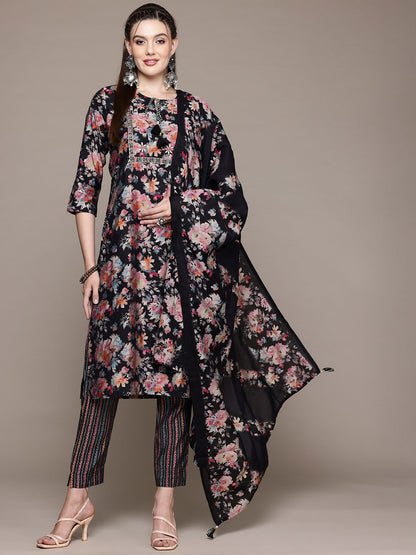 Straight Style Silk Fabric Multi Color Kurta With Bottom And Dupatta