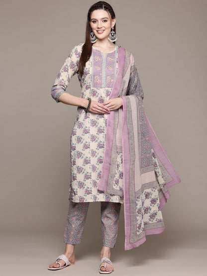 Straight Style Cotton Fabric Purple Color Kurta With Bottom And Dupatta