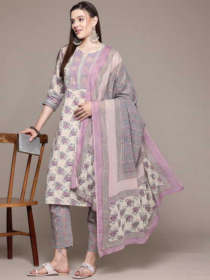 Straight Style Cotton Fabric Purple Color Kurta With Bottom And Dupatta