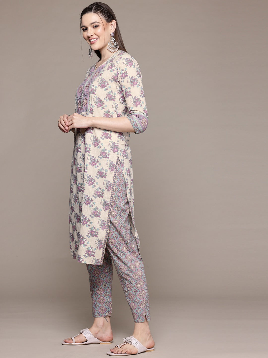 Straight Style Cotton Fabric Purple Color Kurta With Bottom And Dupatta