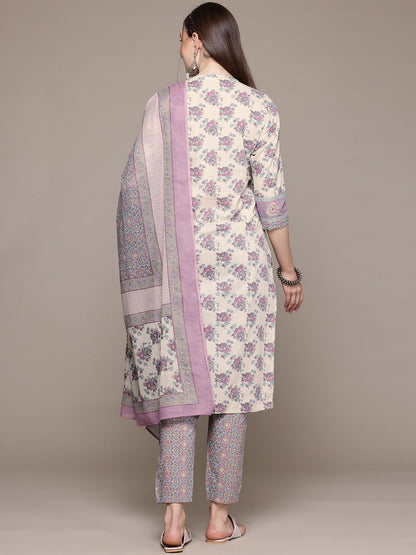 Straight Style Cotton Fabric Purple Color Kurta With Bottom And Dupatta